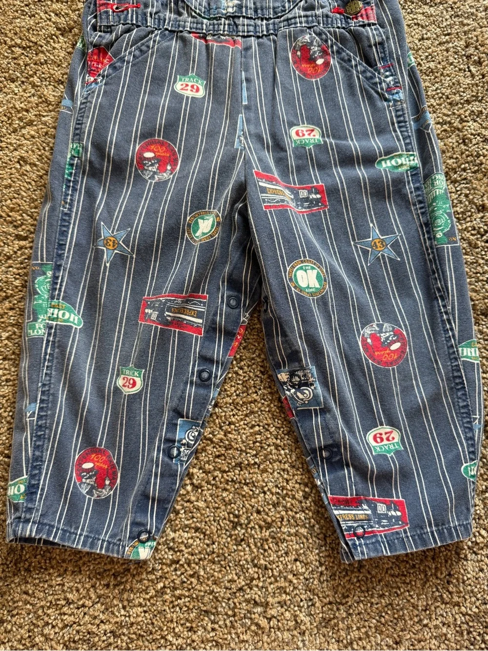 OSHKOSH B’GOSH Vintage Striped Train Vehicle Patch Track Vestbak Overalls